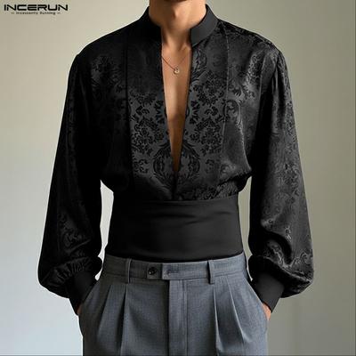 Herren Deep V-Ausschnitt Langarm Blumen-Patchwork Vorne Gekreuzt Lässig Elegant Crop T-Shirts
