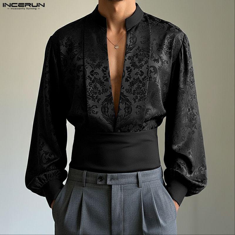 INCERUN Mens Deep V Neck Long Sleeve Floral Patchwork Front Cross Casual Elegant Crop T-shirts