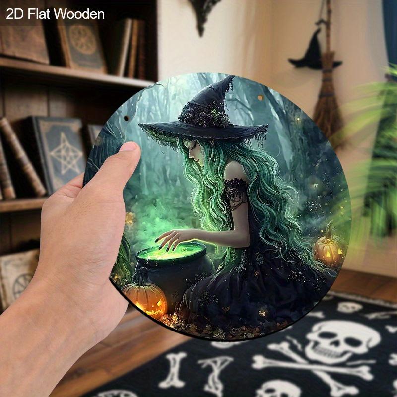 2D Flaches 1-teiliges Halloween-Dekoschild aus Holz, Schönes Hexenmuster-Design, Wandbehang-Dekor, Ideales festliches Halloween-Geschenk