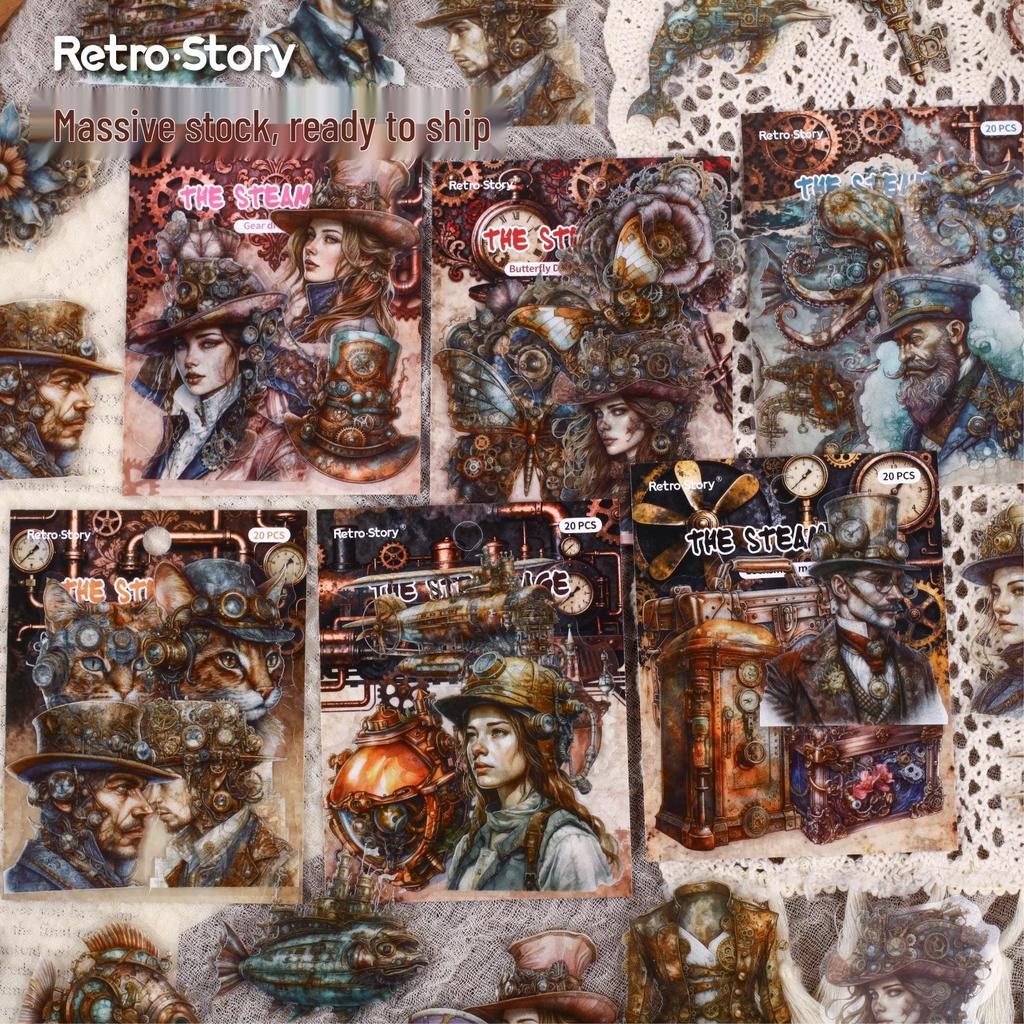 Steampunk Era Retro Character Decorative Stickers - 20 Sheets for Creative DIY Journaling