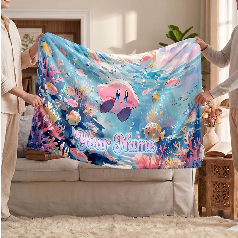 Kirby Personalized Flannel Blanket, Custom Printed Text Name, Warm Soft Blanket For Couch Bed