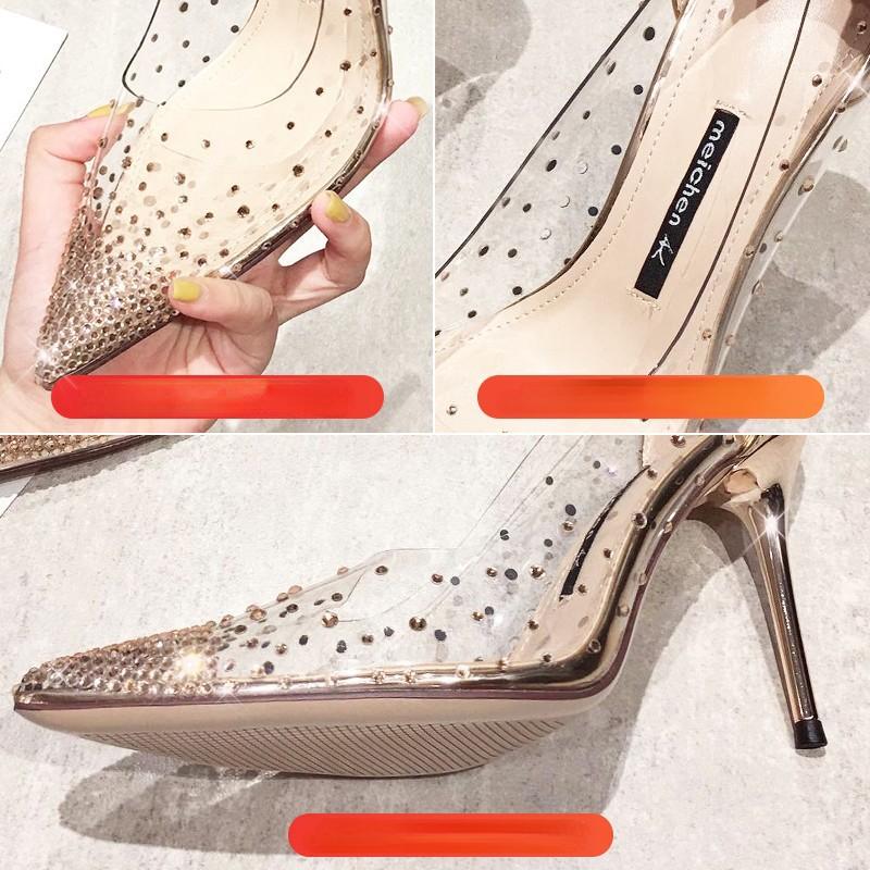 Fashion Wedding Shoes Women High Heels Luxury Rhinestone Women's Pumps Pointed Toe Thin Heels Women Shoes Transparent Crysta Dress Shoes