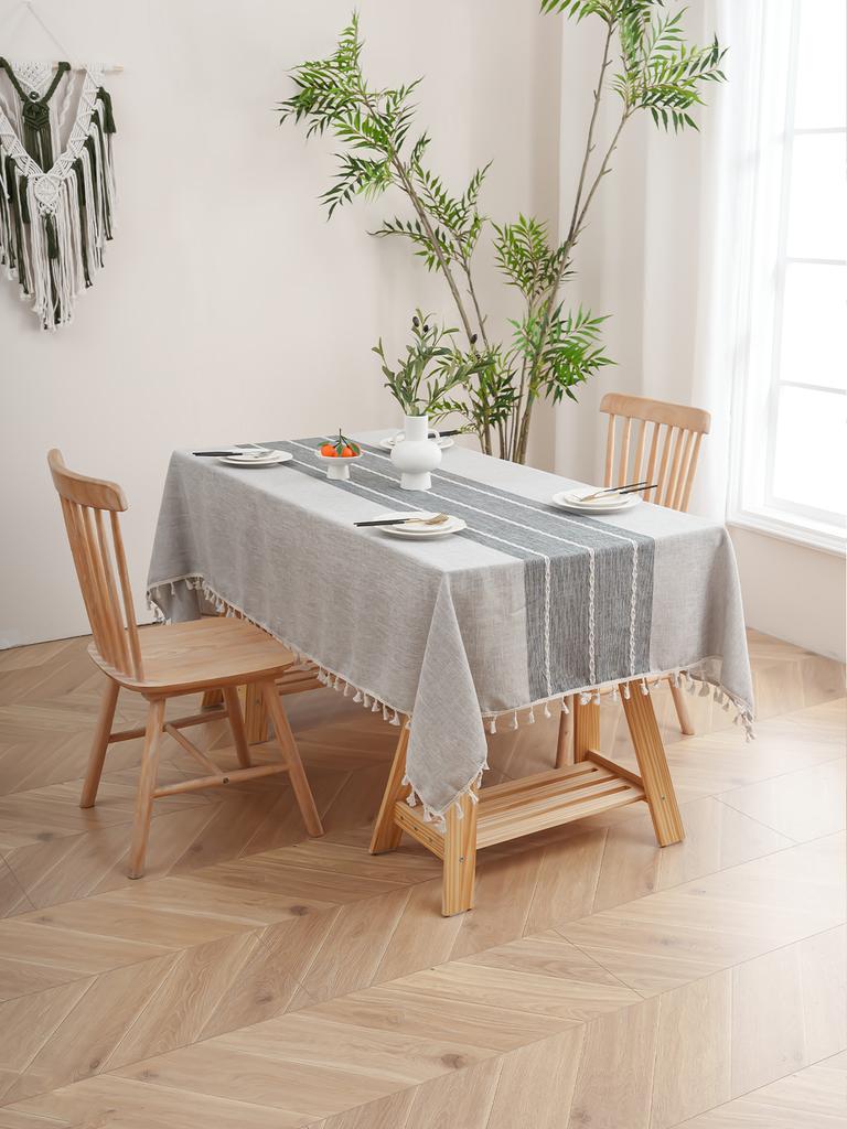 Graue und weiße gestreifte Hängequasten-Tischdecke für Wohnzimmer, Schlafzimmer, einfarbige Esstischdekoration, rutschfest