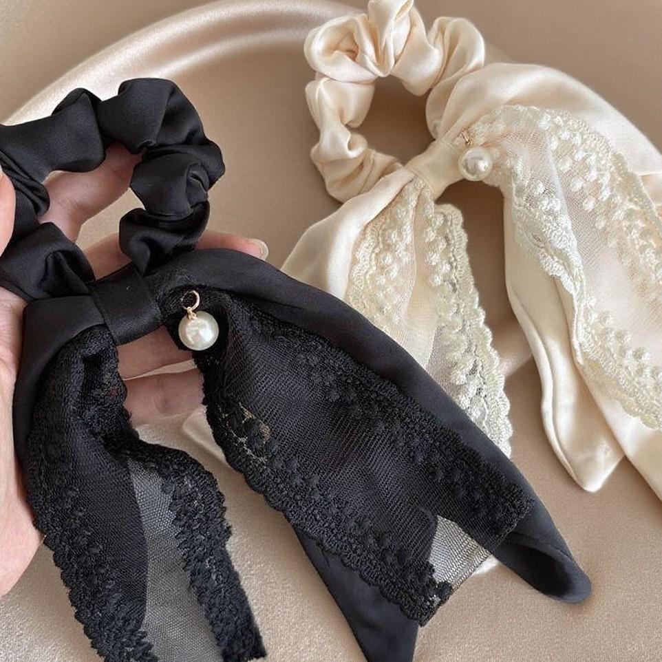 Elegant Pearl Lace Bow Headband & Hair Tie Set for Women
