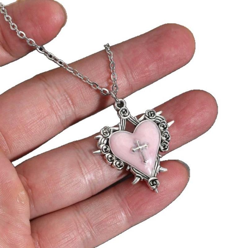 Gothic Y2K Subculture Black Heart Bow Thorn Flower Cross Heart Pendant Necklace Subtle Design Choker Necklace