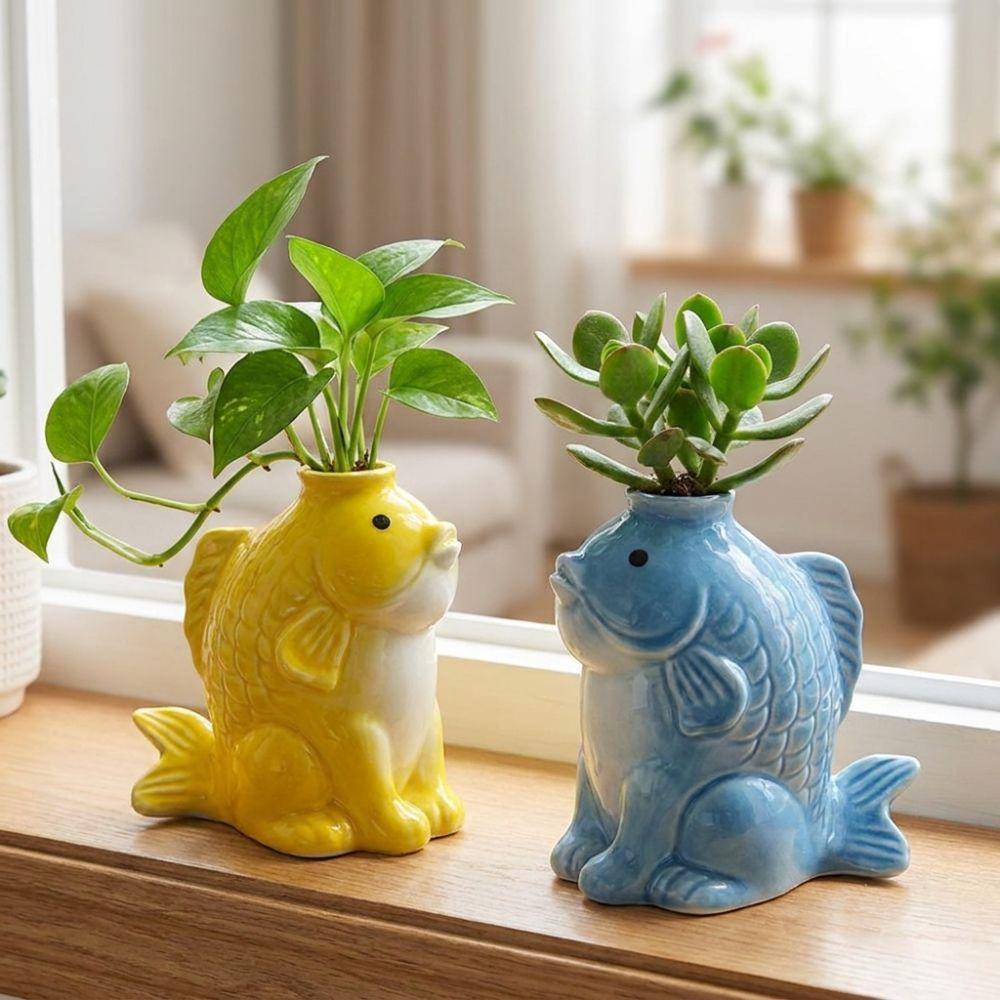 Unique Ceramic Succulent Planter Fish-shaped Hydroponic Planter Desktop Decor