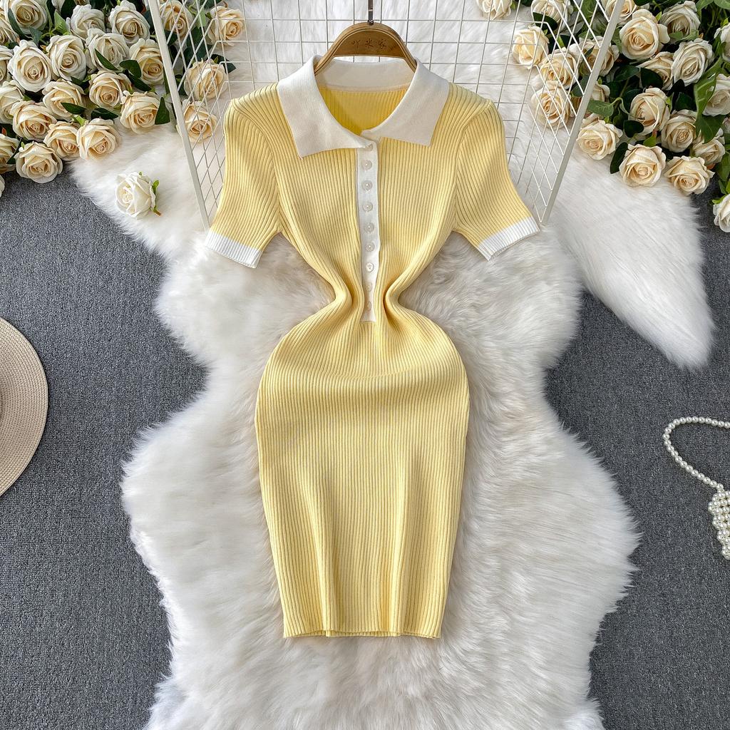 Xiaoxiangfeng temperament contrasting colors single-breasted lapel short-sleeved knitted dress women's summer waist and thin hip-wrapped short skirt