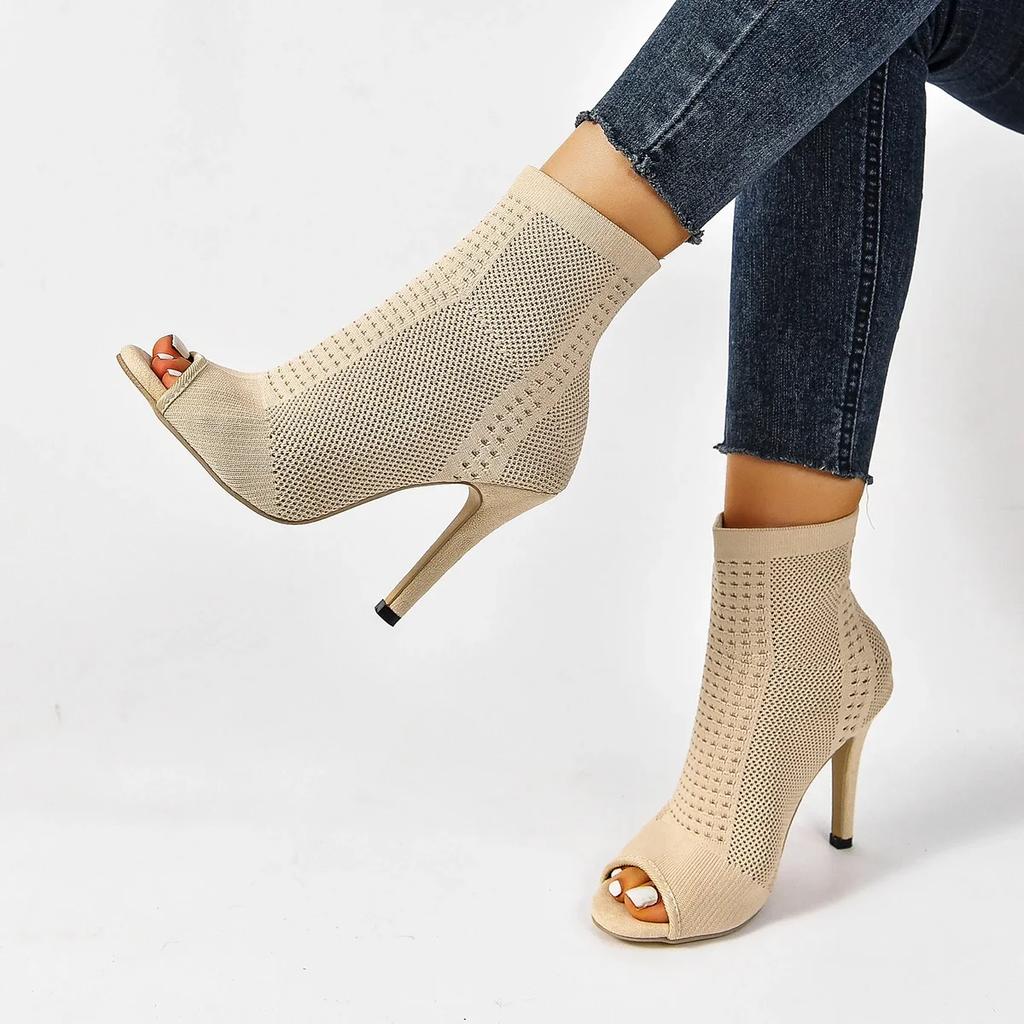 Fashion Ladies Peep Toe Stretch Fabric Knitting Ankle Boots Small Hole Hollow Out Breathable Dress Women High Heels Dance Shoes
