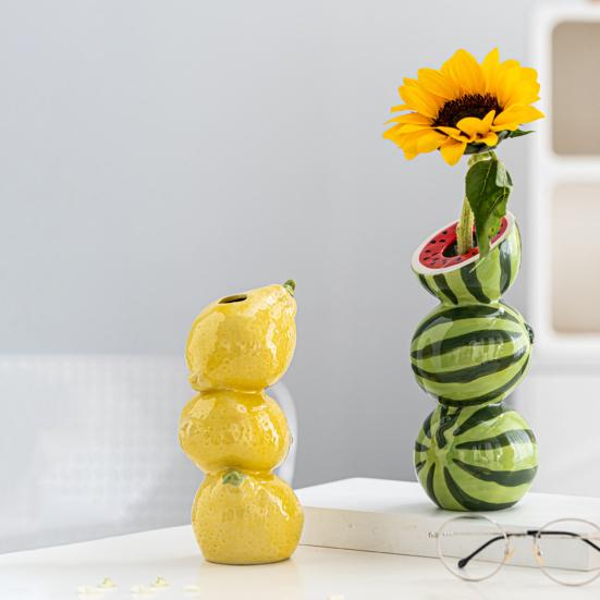 Watermelon Vase Orange Lemon Ceramic Flower Vase Stacked Fruits Design Tall Vase for Home Farmhouse Decoration Wedding Centerpieces