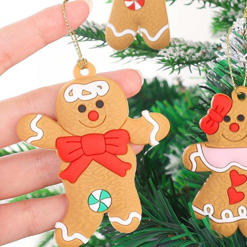 PVC Soft Gingerbread Man Christmas Ornaments Bell Snowflake Chrismas Tree Hanging Figurines Pendant Party Xmas Decor Kids Gifts