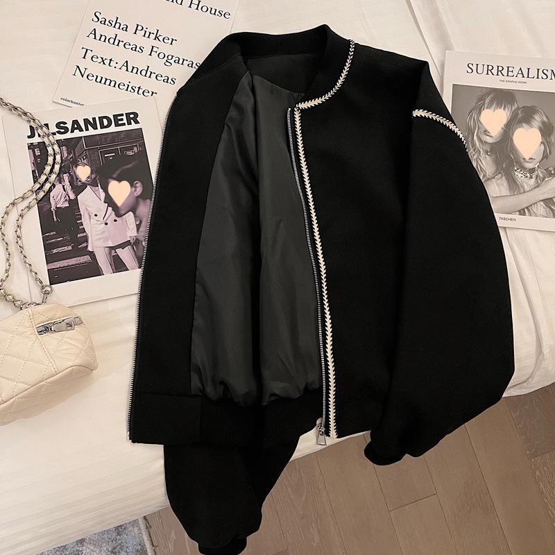 Women's Baseball Jacket Spring and Autumn Style Chic and Elegant Black Top Short Jacket
