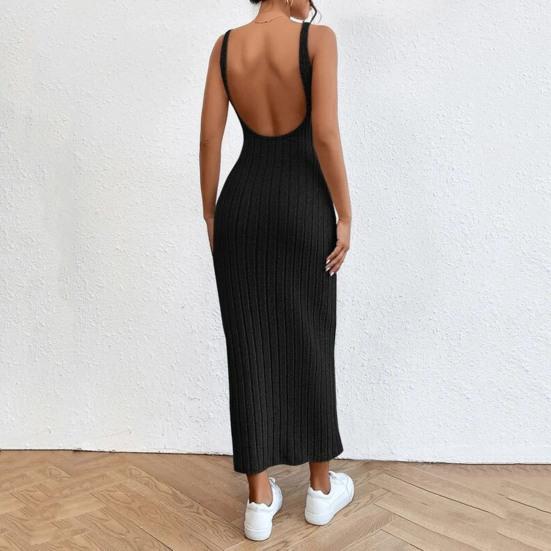 Sommerkleid für Damen, rückenfrei, schmal, ärmellos, einfarbig, elastisch, gestreift, Etuikleid, schmale Taille, O-Ausschnitt, gestrickt, Maxikleid, langes Urlaubskleid