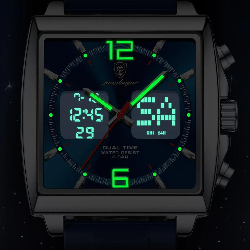POEDAGAR Luxury Man Watch Electronic Square LED Alarm Chronograph Men's Watches Week Date Dual Time Display Men Quartz Clock