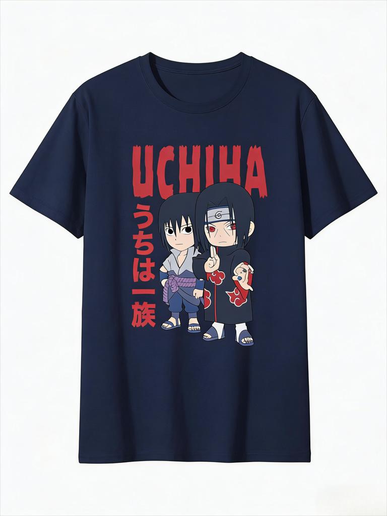 Naruto Uchiha Brothers Q Style Tshirt for Men with Anime Pattern Printed Short Sleeve Fashion High Quality Trendy Cotton Top