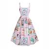 Retro seed print vacation suspender skirt, light pink background color with colorful plant pattern vacation suspender skirt