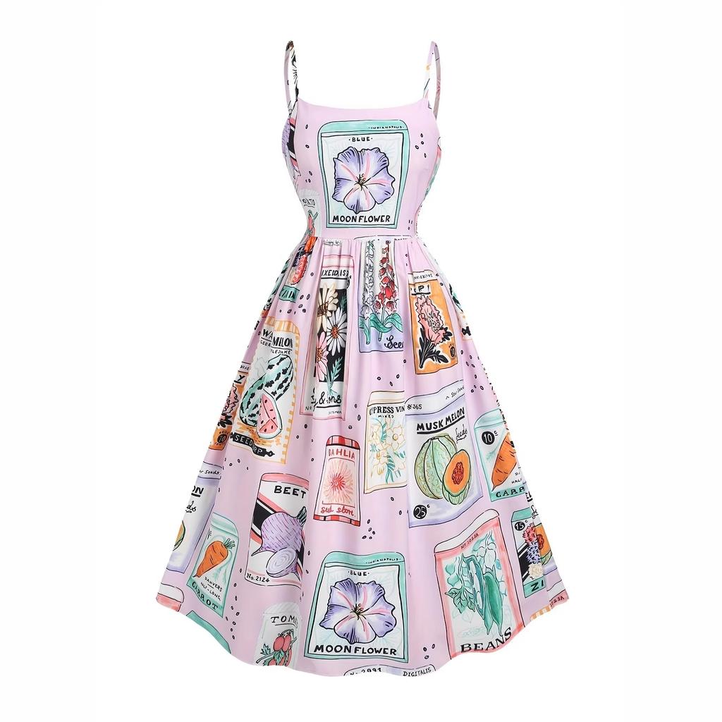 Retro seed print vacation suspender skirt, light pink background color with colorful plant pattern vacation suspender skirt