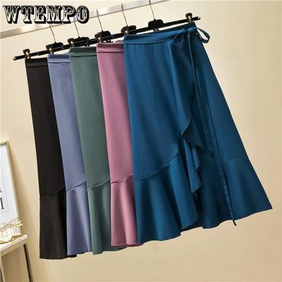 Design All-In-One Fishtail Skirt Solid Color Elegant Chiffon Women's Skirts Korean Knee Length Summer Ruffled