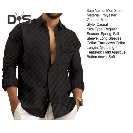 Fall Spring Men Shirt Button Turn-down Collar Long Sleeves Loose Plaid Applique with Chest Pocket Daily Wear Business Bottoming Top