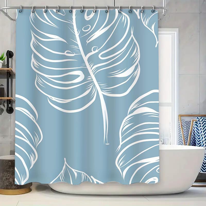 Bathroom Shower Curtain Monstera Leaf Pattern Decorative Water-Resistant Fabric Waterproof Bath Mat Liner for Home Hotel Blue Wh 90x180cm