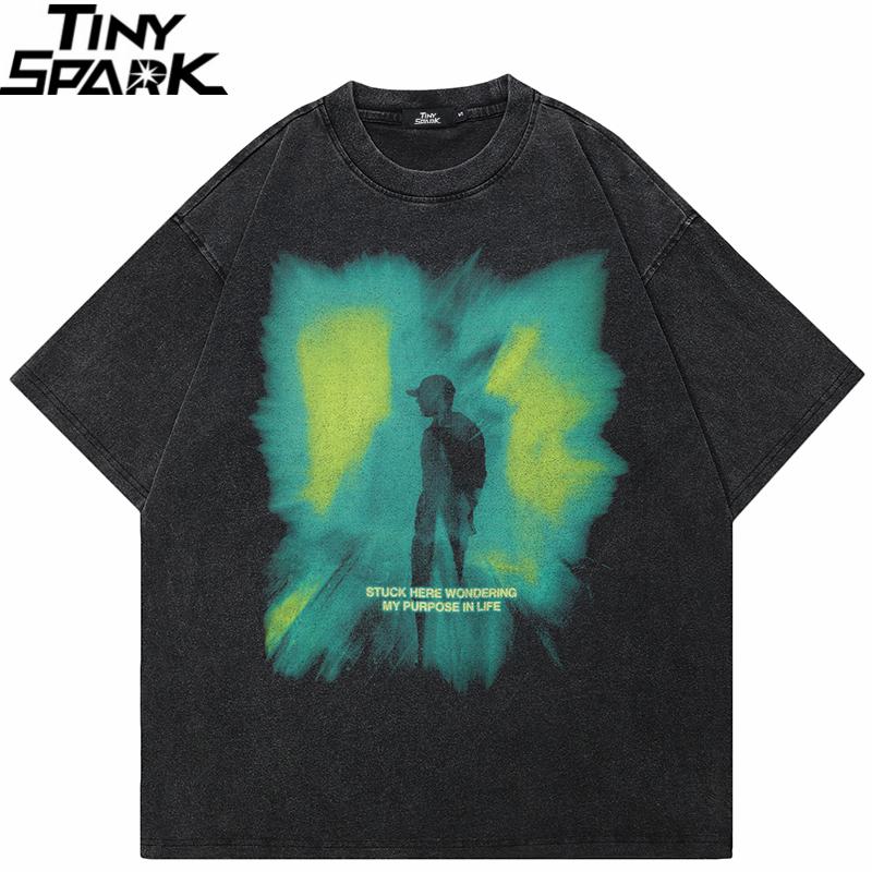 Hip Hop Streetwear Men TShirt Oversized Green Light Graphic T Shirt Retro Washed Black Tshirt Cotton Unisex Tops Tees