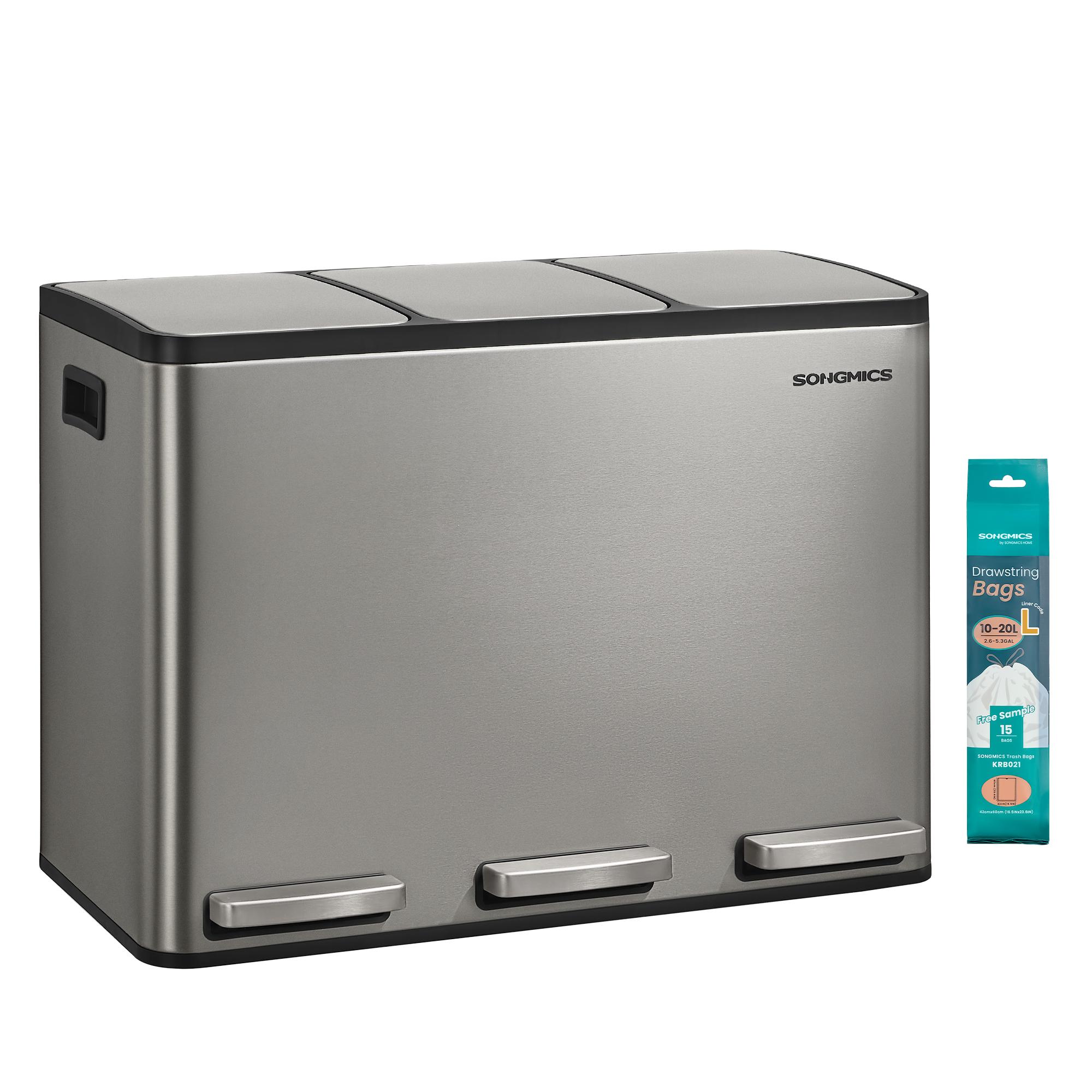 SONGMICS 3 x 4 Gallon (3 x 15 L) Konyhai szemetes, 3 rekeszes szelektív hulladékgyűjtő 15 szemeteszsákkal, kivehető belső vödrökkel, fedéllel, fogantyúkkal, lágy csukódással ekru