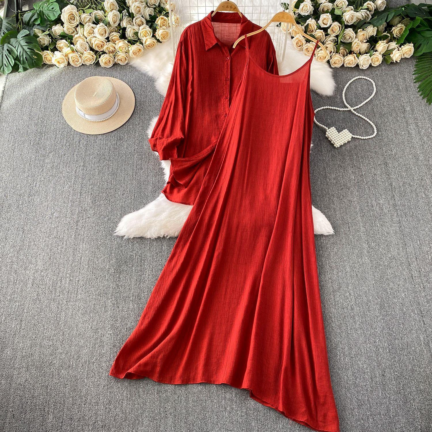 

Women Solid Color Linen Blend Oversized Shirt Dress with Camisole Maxi Dress Two Piece Set One size червоний