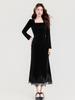 Autumn Elegant Velvet Dress with Square Neck and Lace Trim