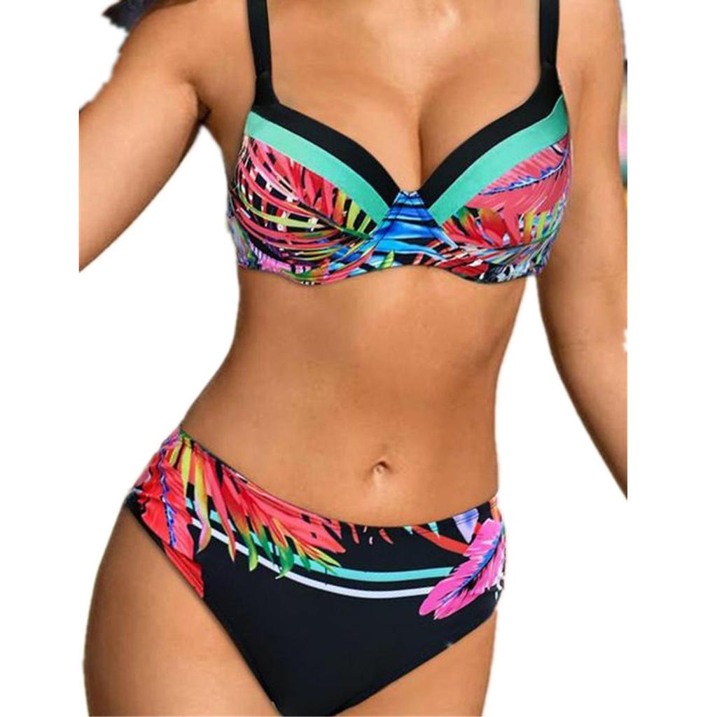 Women's Fashion Sexy Leaf Print High Waist Split Swimsuit Bikini