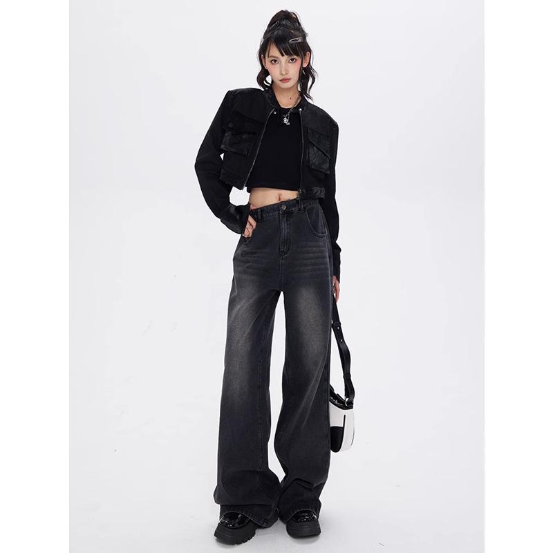 Plus Size High Waist Black Wide-Leg Jeans - 2024 New Floor-Length Drapey Pants for Women