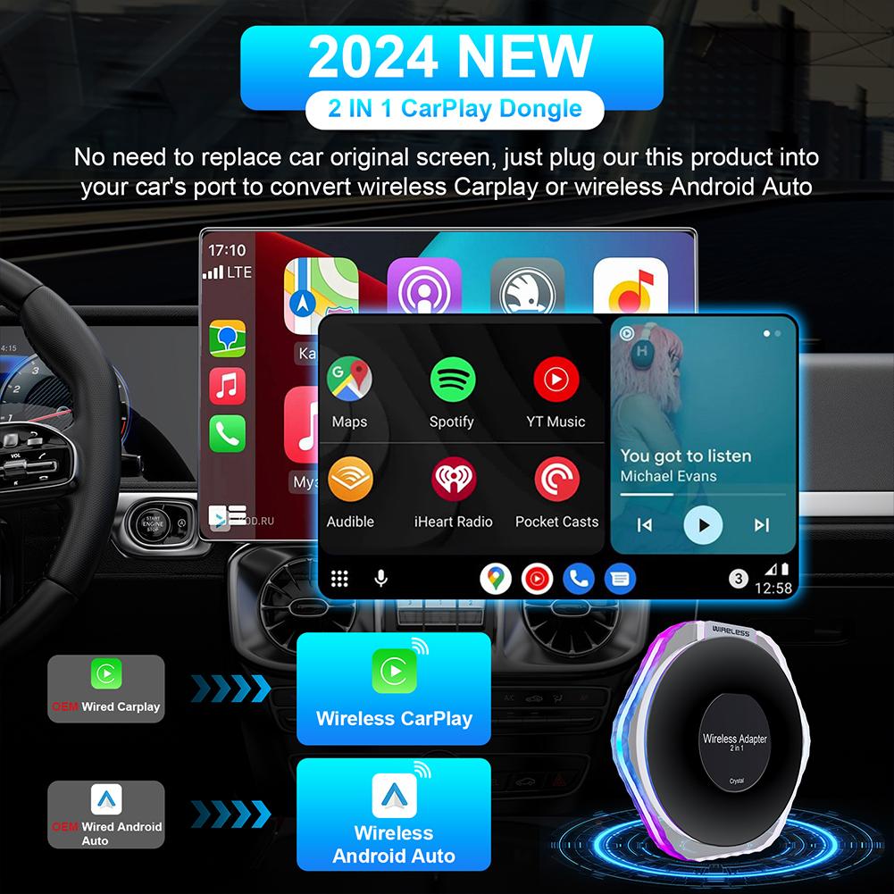 Wireless CarPlay & Android Auto Adapter Smart TV Box Wired To Wireless Carplay Dongle Plug & Play for Factory Wired CarPlay Cars