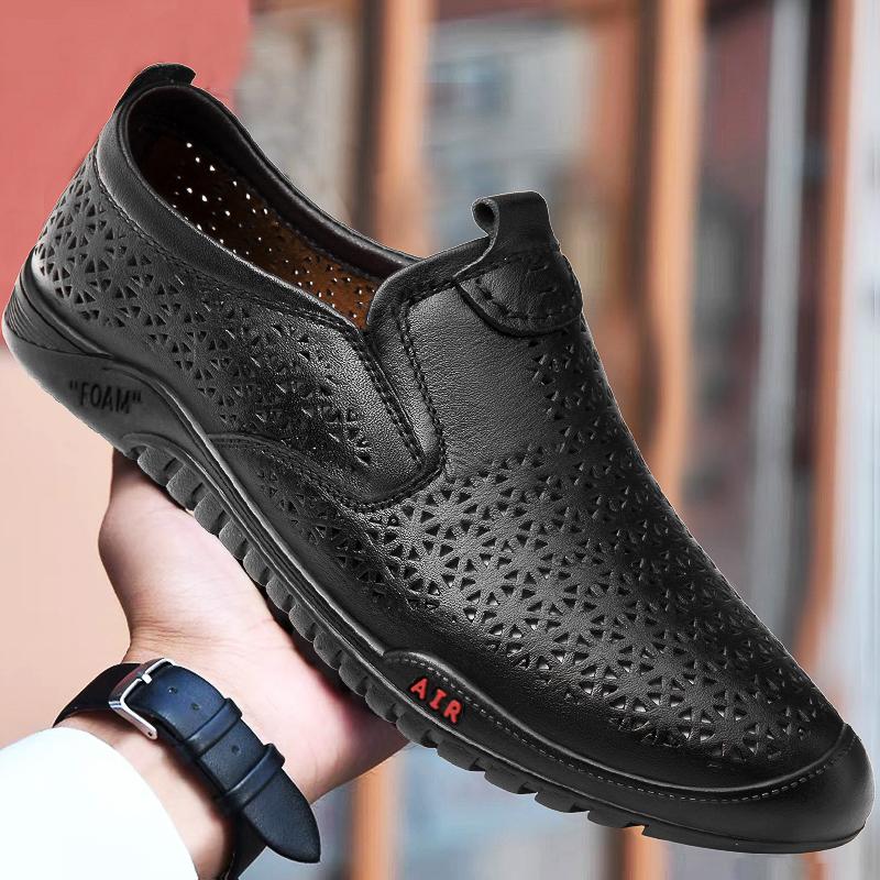 

Quality Slip on Hollow Out Loafers Shoe Soft Casual Genuine Leather Low Shoes Summer Men Business Party Breathable Shoes 45 чёрный