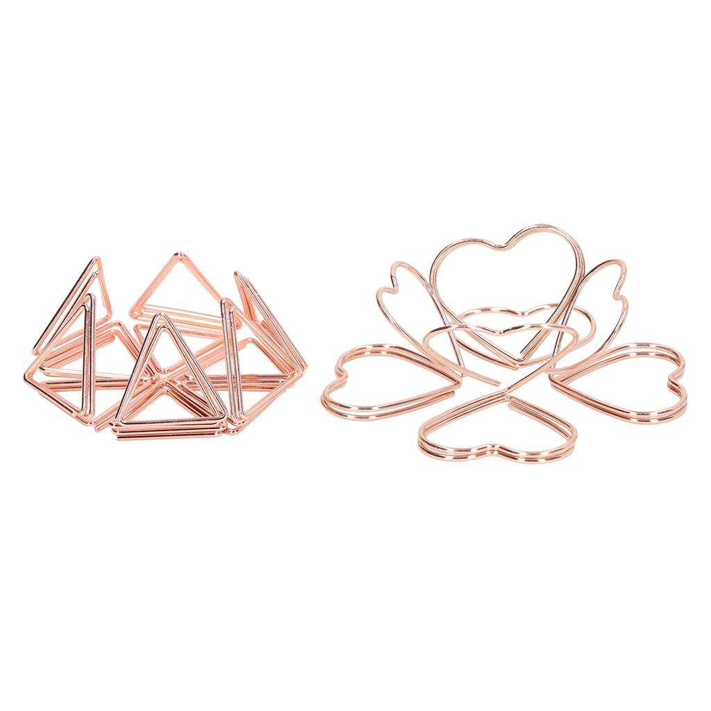 100pcs Shaped Paper Clips Triangular and Heart Type Double Layer 3D Rose Gold Metal Paper Clips for File Classification