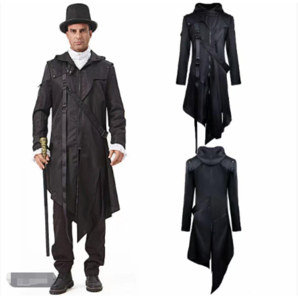 Cosplay Costumes Men Halloween Gothic Long Sleeve Hooded Jacket New Pure Color Halloween Cosplay Vintage Costume