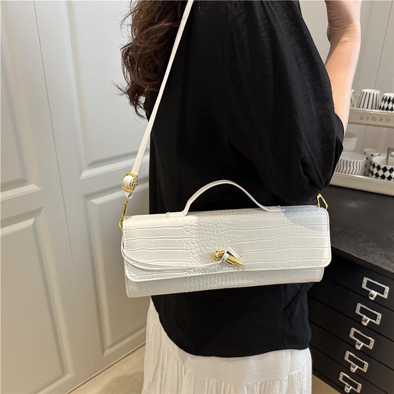 Solid color crocodile pattern dinner bag new baguette bag diagonal lock horizontal handbag shoulder messenger bag women's bag