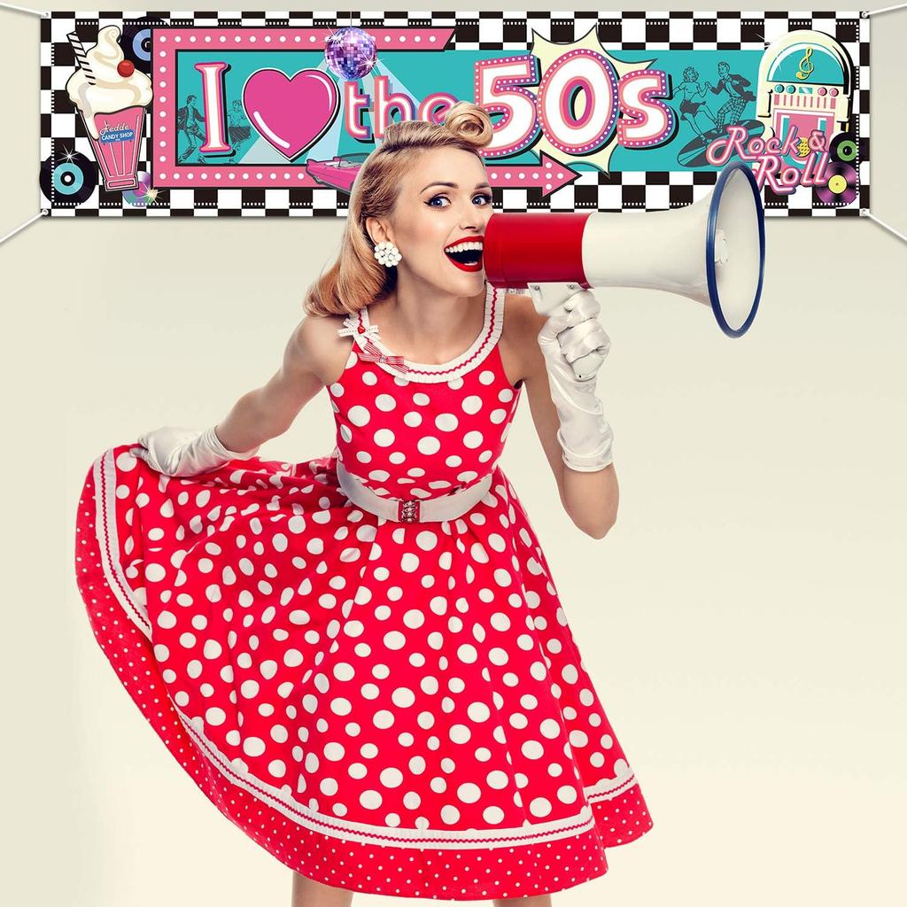 I Love The 50's Banner - 1950s Rock and Roll Theme Party Decorations, Photo Booth Backdrop Wall Background, Baby Shower Birthday Supplies, 70.8 X
