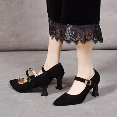 Pointed Mary Jane Shoes Spring New Black Temperament Women's Shoes One-word Buckle Shallow Mouth Women's High Heels