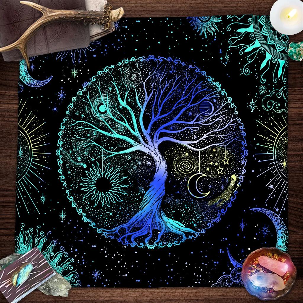 Lebensbaum Tarotkarte Tischdecke Mondphase Pflanzen Tischdecke für Tarot Hexe Wicca Altar Tuch Divination Tuch Kartenunterlage
