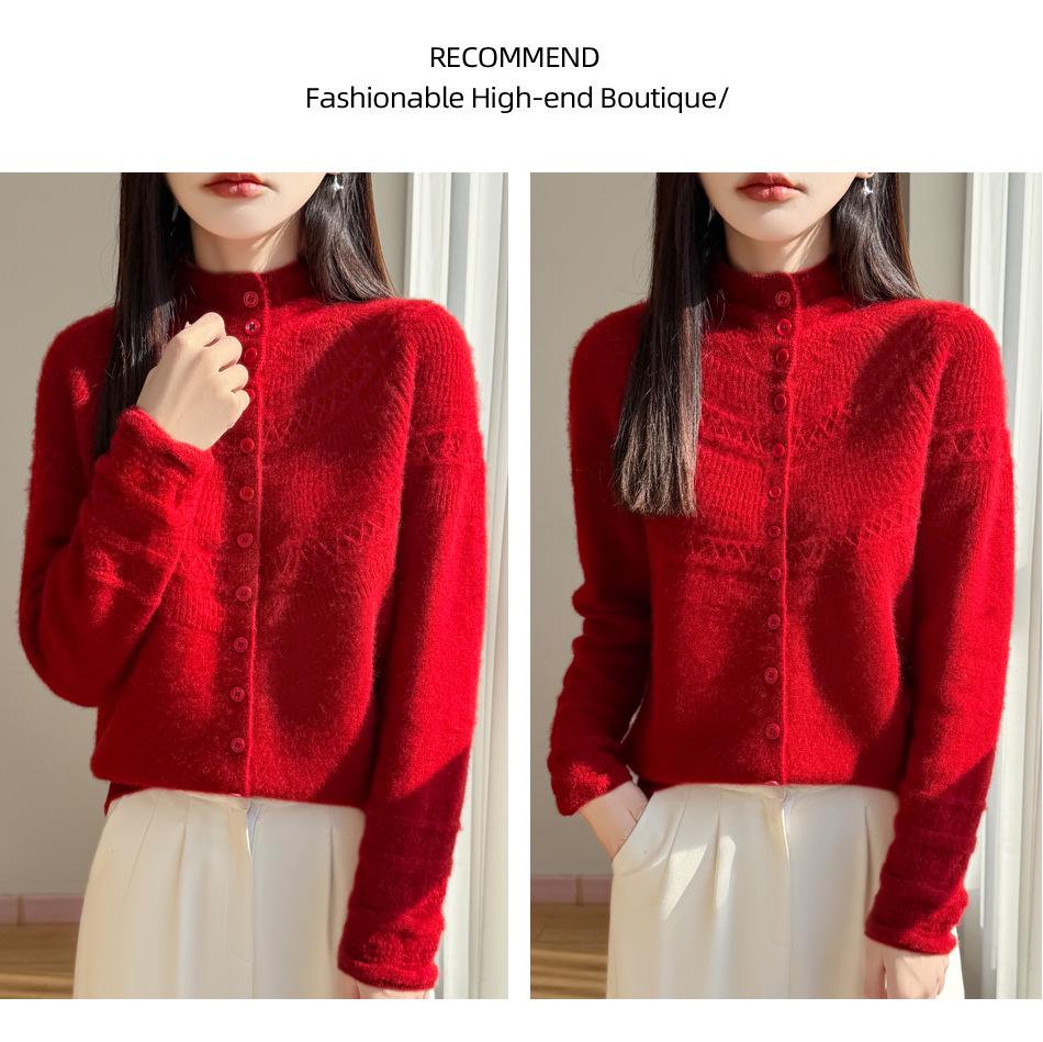 Women's Autumn/Winter 2026 Cashmere Thick Knit Cardigan Sweater with Half-High Neck