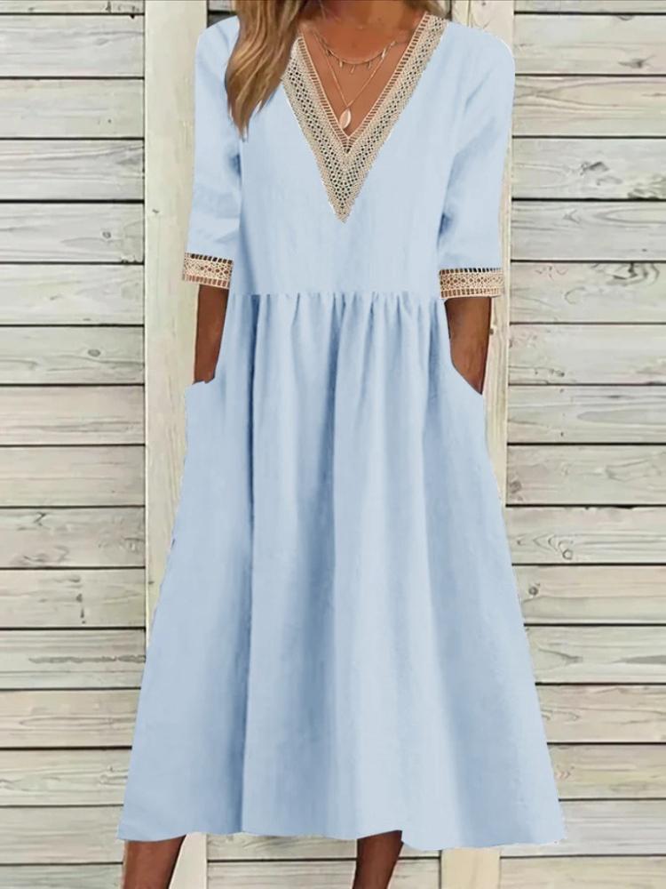 Kleid, Lockeres Baumwoll-Leinen-Rundhals-Fünf-Knopf-Mittelkleid