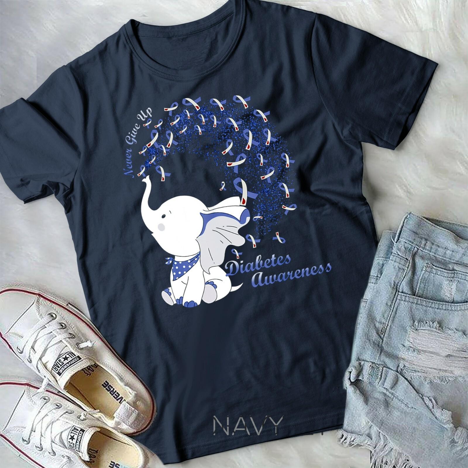 Blue Ribbon Elephant Never Give Up Diabetes Awareness Day T-shirt Unisex T-shirt XXXXL