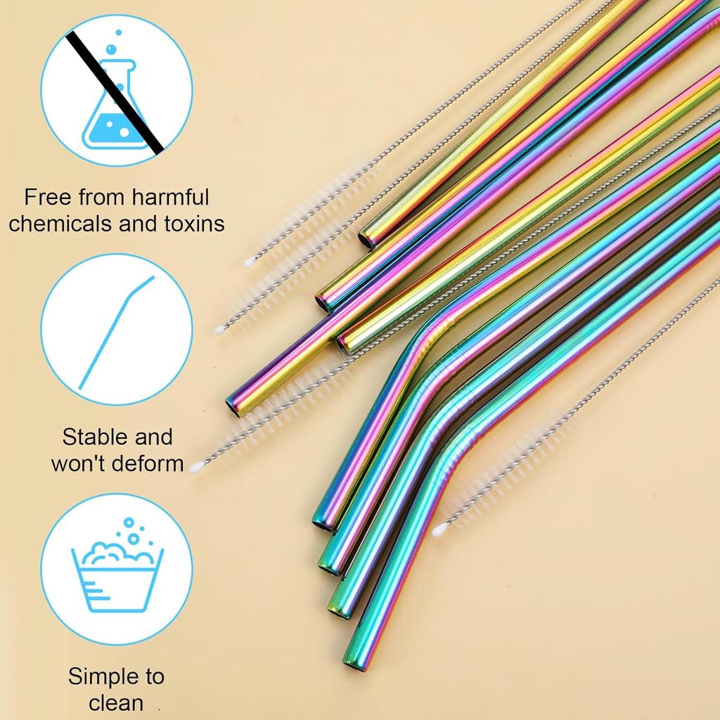 8 Pcs Stainless Steel Straws 12 inch Long Reble Colorful Metal Bent Straw with 4 Pieces Cleaning Brush for 100oz Drinking Reble Tumblers Accessories