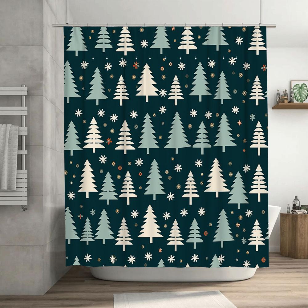 Christmas Tree Shower Curtain Festive Green Decorative Bathroom Liner for Christmas Holidays White Gold Floral Pattern Home Acce