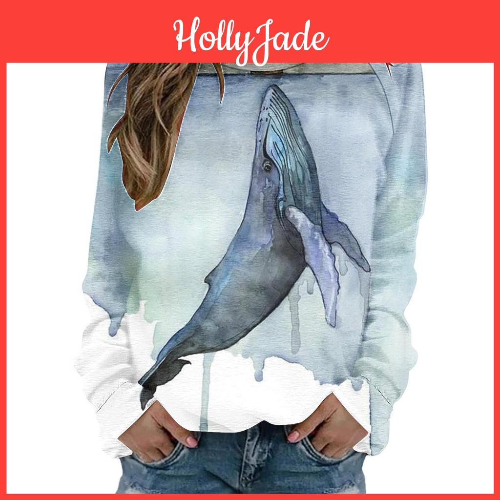 Round Neck Womens Blue Autumn Tshirt Loose Fitting Pullover Long Sleeved Whale 3d Printed Sweatshirt