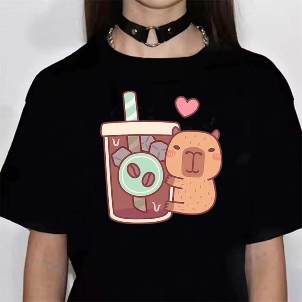 Funny Anime Dolphin T-shirt Women's Polyester Material Round Neck Short Sleeve Women's Anime Clothing Kapibala Cartoon Pattern Top