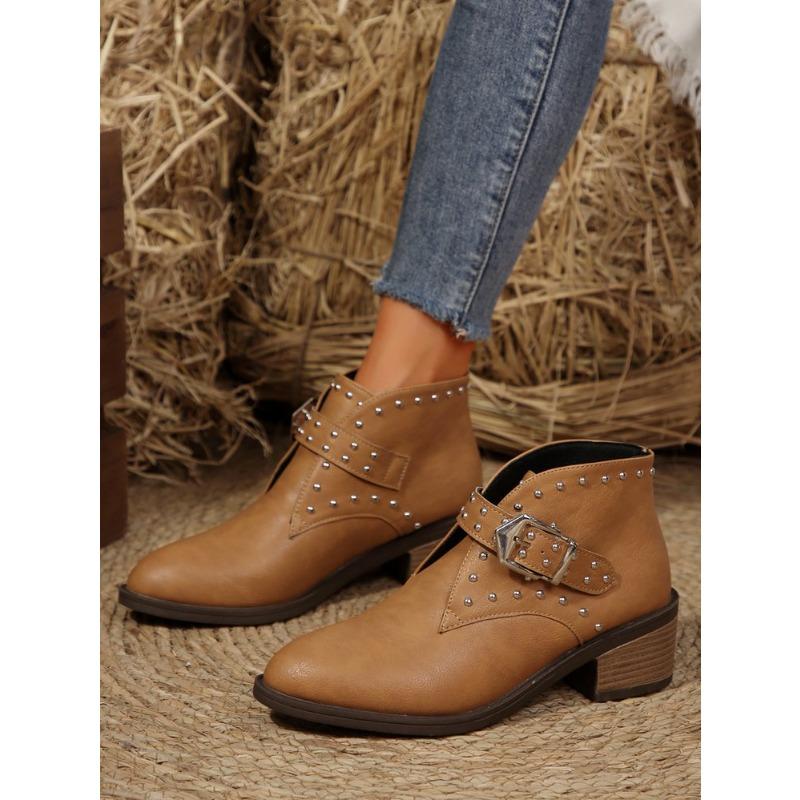 Plus Size Studded Belt Buckle Chelsea Boots 2025 Winter British Style Pointed Toe Mid-heel Martin Boots for Women