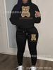 A Two-piece Sweatshirt and Pants Set with Monogram Bear Letters Printed and High-waisted Drawstring Jogger Legs, Casual Women's Wear Set