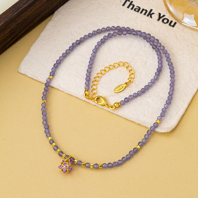 New Chinese Retro Exquisite Amethyst Beaded Five-star Pendant Necklace Fashionable Light Luxury Niche High-end Collarbone Chain