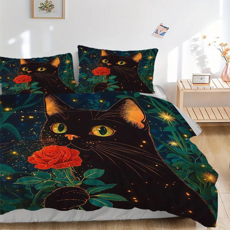 3pcs Rose and Attractive Black Cat Print Bedding Set (1 Cover + 2 Pillowcases, Without Inserts), This Printed Bedding Set is Soft and Comfor