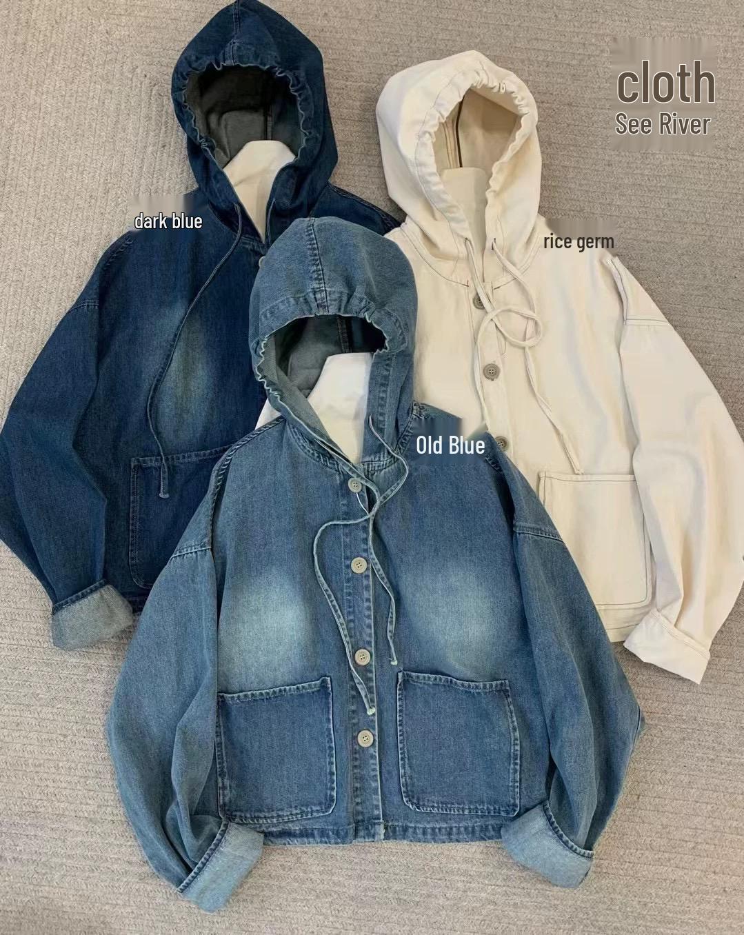 

Джинсовая куртка с капюшоном Jibu Jianchuan в стиле ретро - Весенний стиль, Свободный крой, Повседневная одежда больших размеров для женщин. Old Blue