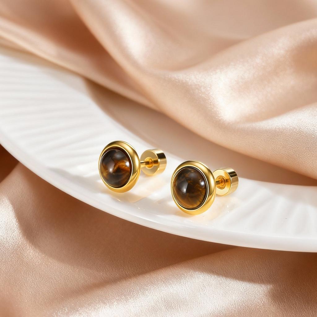 Trendy Natural Stone Earrings For Women, Stainless Steel Small Round Stud Earrings, Geometric Wedding Daily Jewelry Gifts